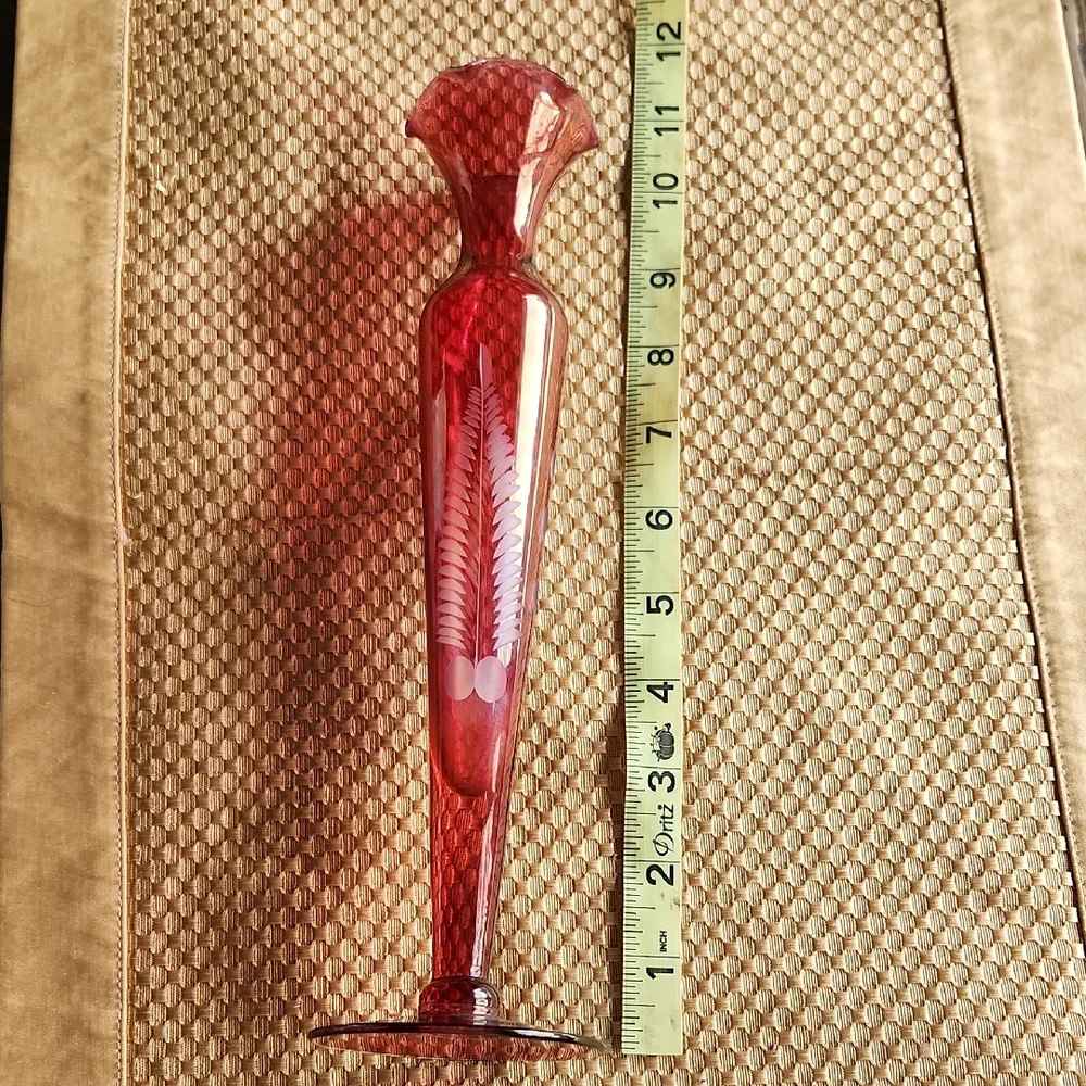 Cranberry Etched Glass Vase Mid Century Modern Fragile Collectible